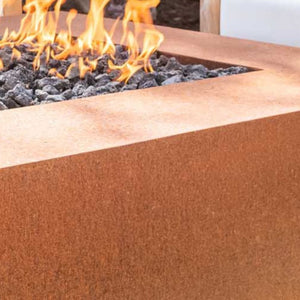 cabo corten steel linear fire pit at a backyard