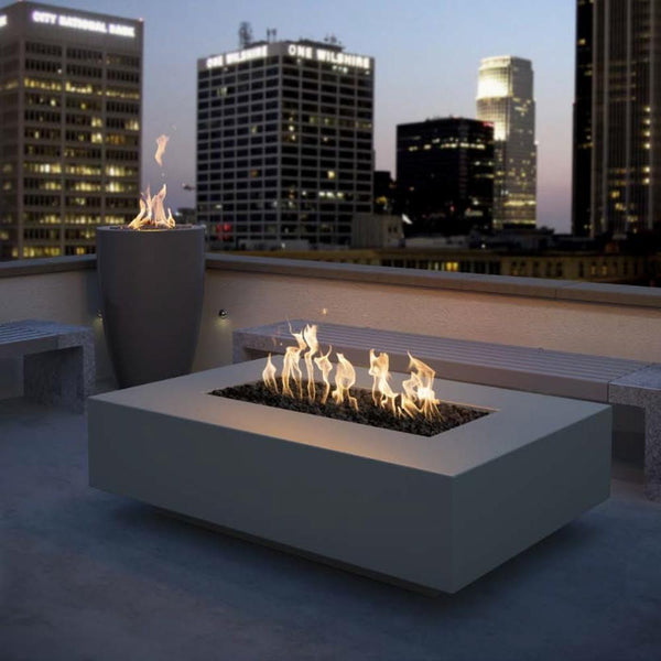 Top Fires Cabo 56-inch Linear GFRC Gas Fire Pit Table in Rooftop - side view