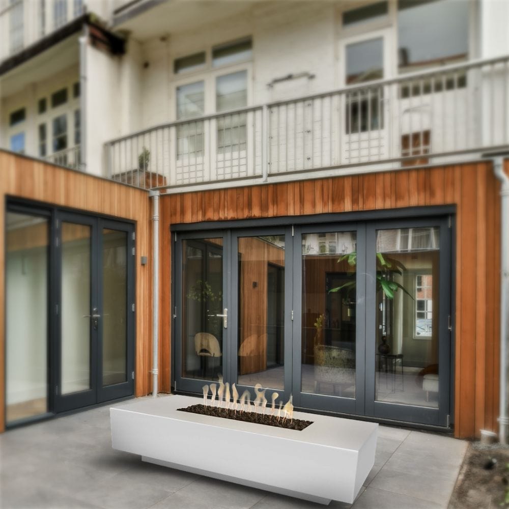 Top Fires Cabo 90&quot; Limestone Gas Fire Pit Table in Outdoor Area