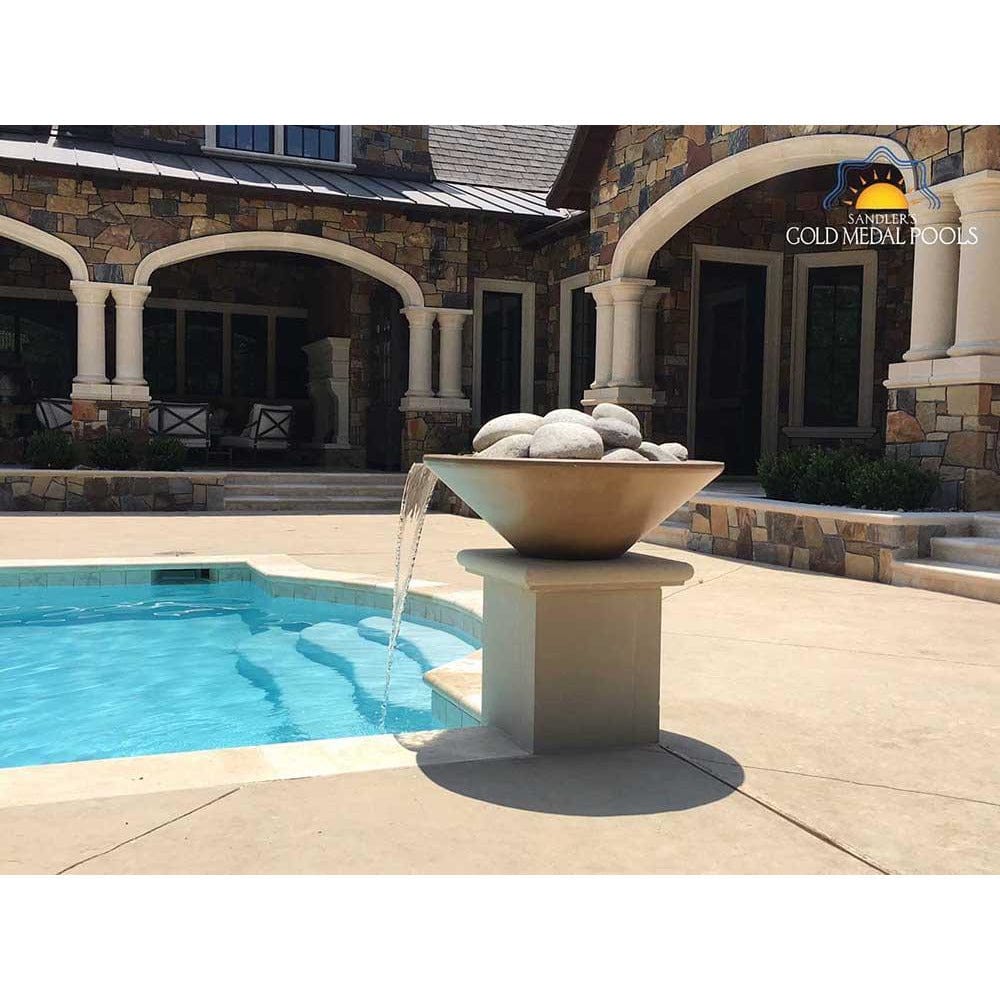 Top Fires Round Concrete Gas Fire and Water Bowl Poolside - angle view