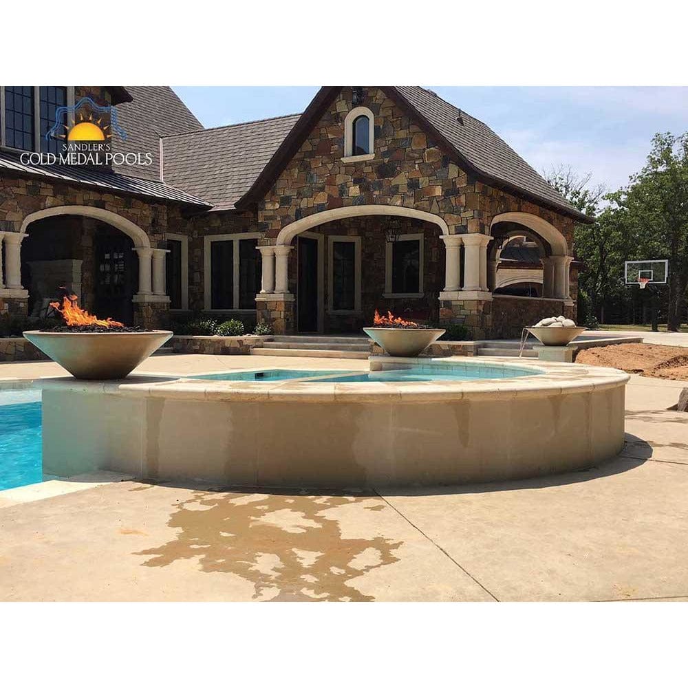 Top Fires Round Concrete Gas Fire and Water Bowl Poolside - angle view