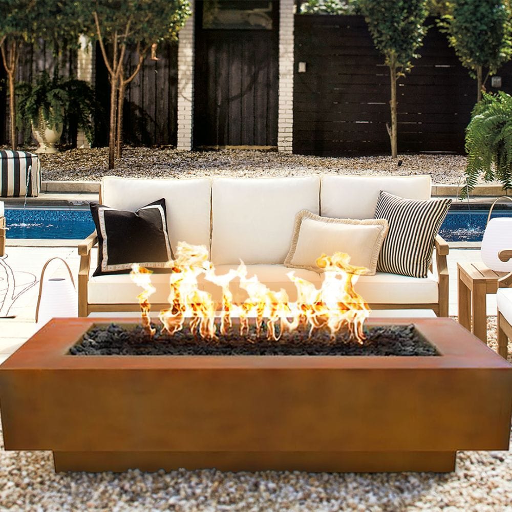 Top Fires Coronado Rectangular Corten Steel Gas Fire Pit - room setting
