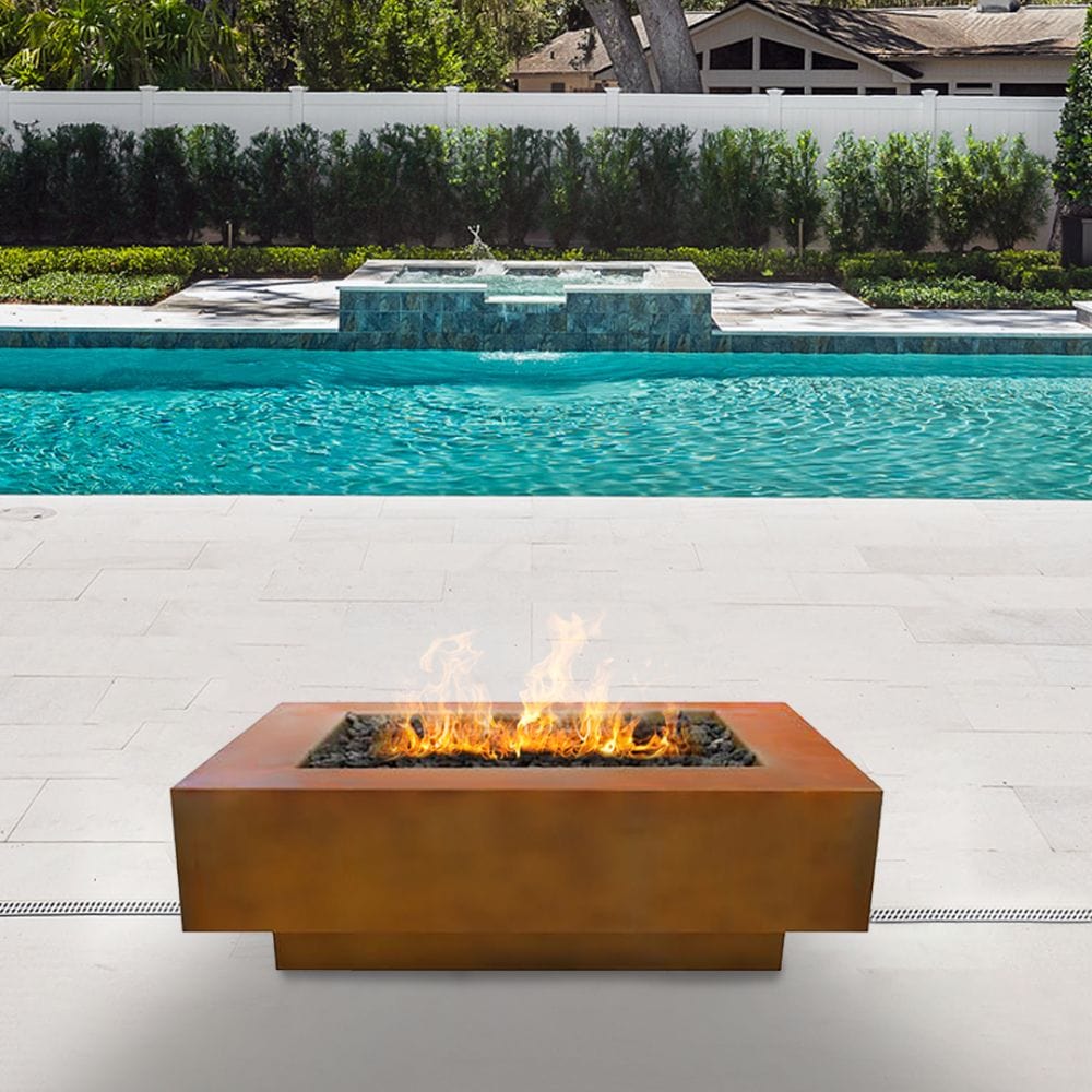 Top Fires Coronado 48" Corten Steel Gas Fire Pit near Swimming Pool