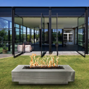 Top Fires Coronado 96" Stainless Steel Fire Pit on the Grass