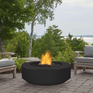 Black Patio Fire Pit with Chairs and Trees