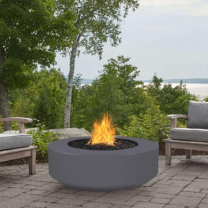 Gray Patio Fire Pit with Chairs and Trees