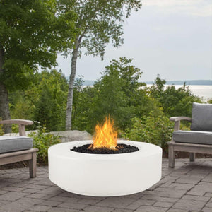 White Patio Fire Pit with Chairs and Trees