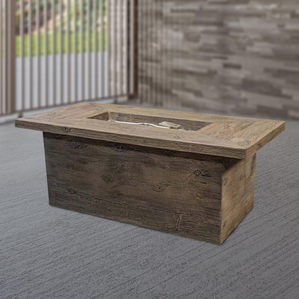 Top Fires Grove Oak Wood Grain Fire Pit Table on Deck