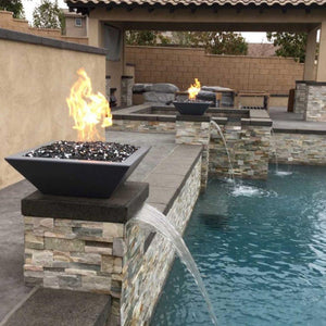 Top Fires Square Concrete Electronic Gas Fire and Water Bowl in a Pool Setting