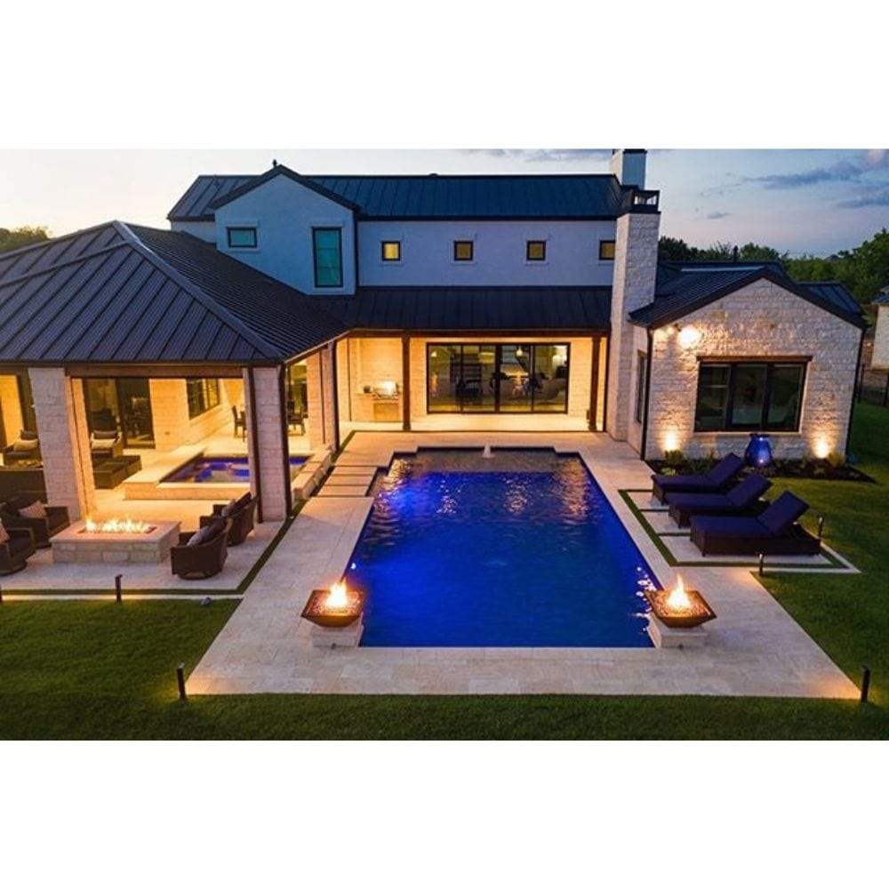 Top Fires Maya Square GFRC Gas Fire Bowls in Pool Area