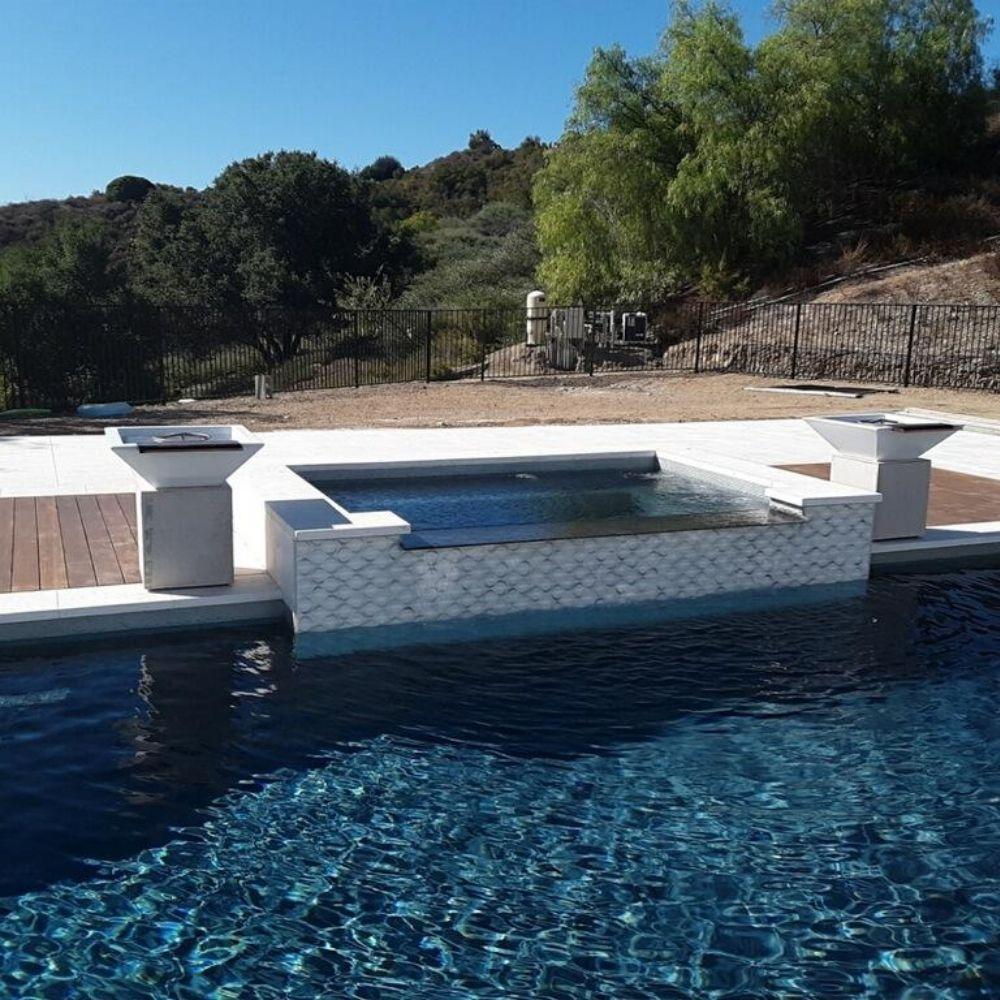 Top Fires Square Limestone Concrete Gas Fire and Water Bowl in pool area - installation view