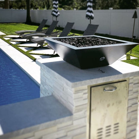 Top Fires Maya Square Black GFRC Gas Fire Bowl by the Pool - side view