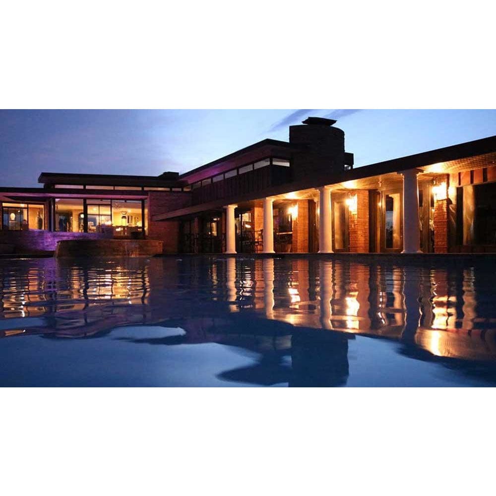 Top Fires Square Concrete Gas Fire Bowl in Pool Area - angle view