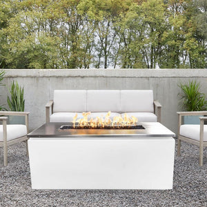 White Rectangular Patio Fire Pit Table with Stainless Steel Top