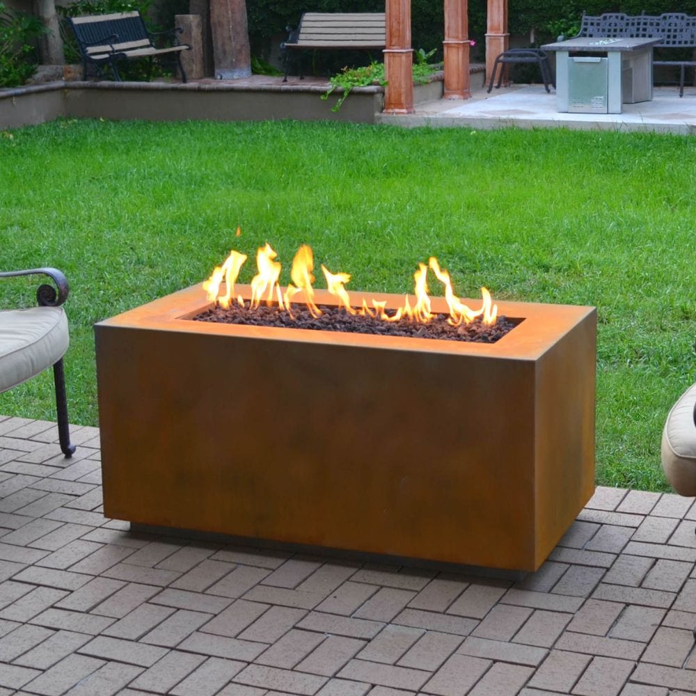 Top Fires Pismo Rectangular Corten Steel Gas Fire Pit in Outdoor Patio
