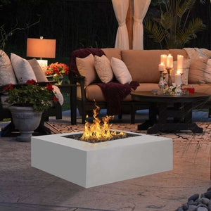 Limestone Fire Pit in Outdoor Living Area with Cushioned Sofa Set