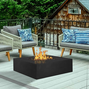 Black Fire Pit on Wooden Deck with Gray Sofa Set