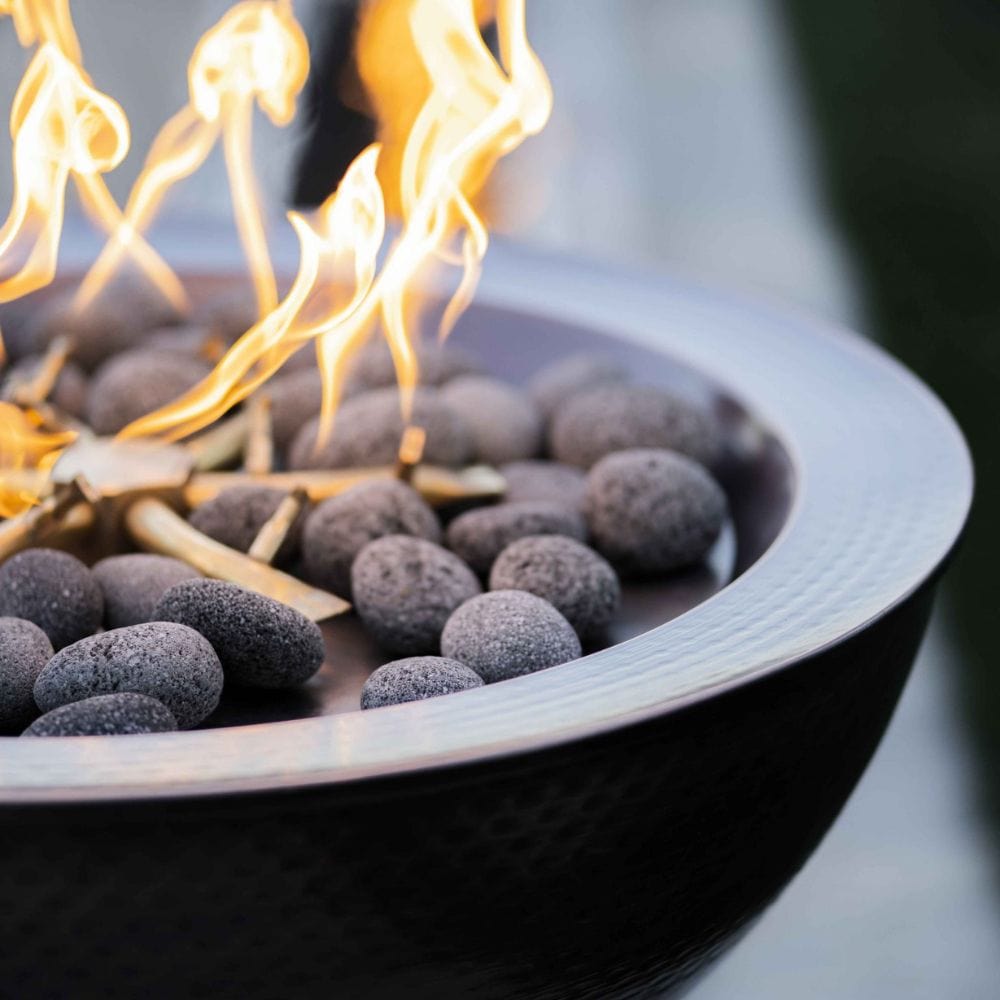 sedona 27-inch round copper gas fire bowl with rolled lava rocks